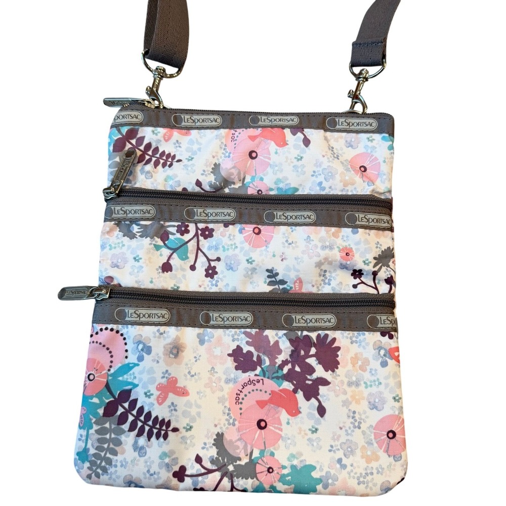 LeSportsac Triple Zip Floral Butterfly Print Nylon Crossbody Bag Travel